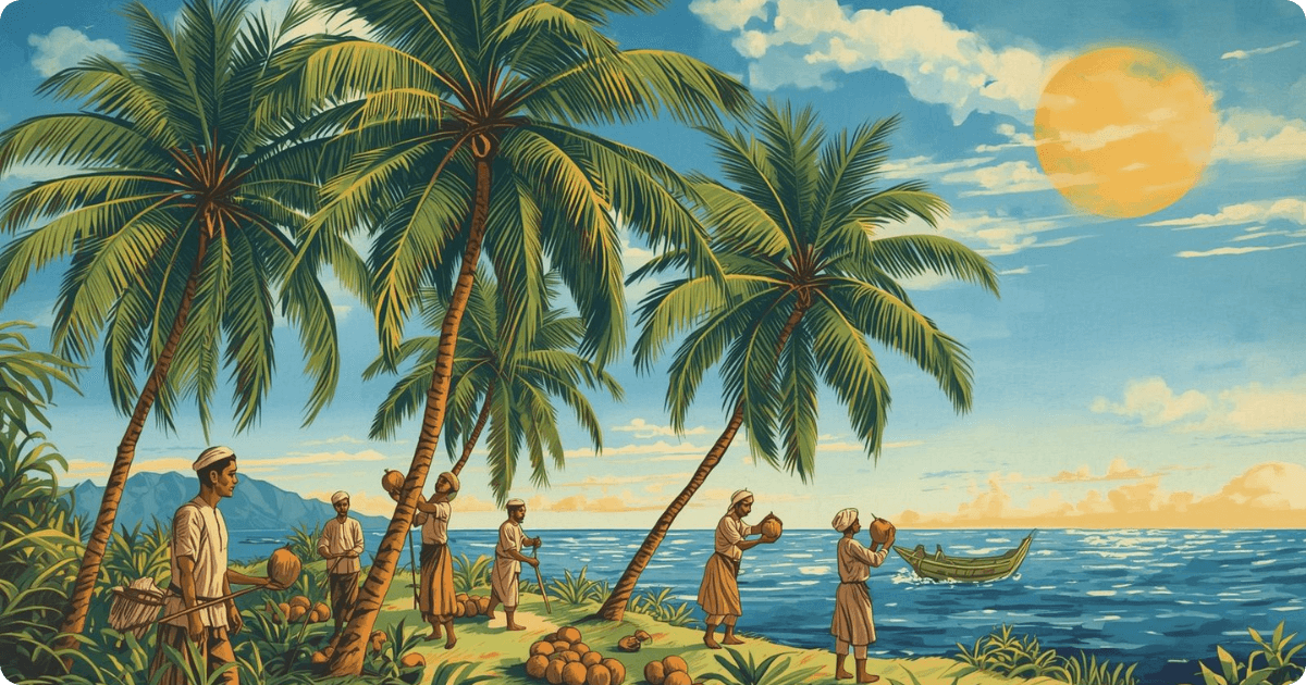 artists impression of coconut gathering