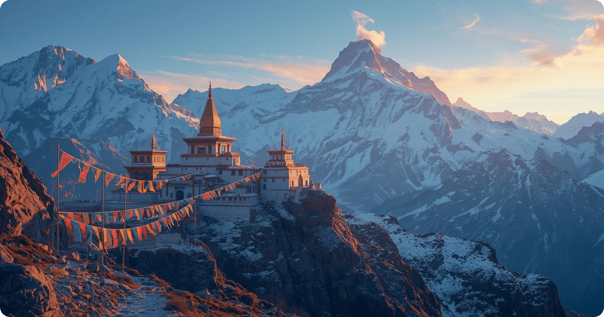 artist's impression of a Buddhist Temple in the Himalayas