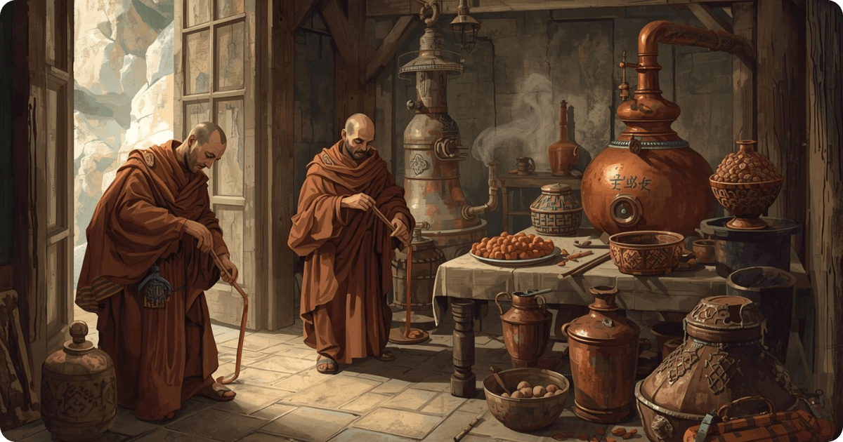 Medieval monks distilling essential oils