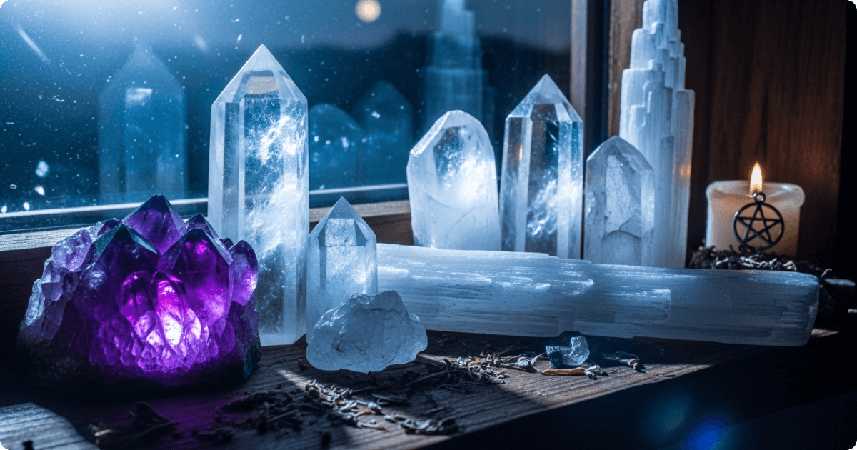 cleansing crystals in moonlight