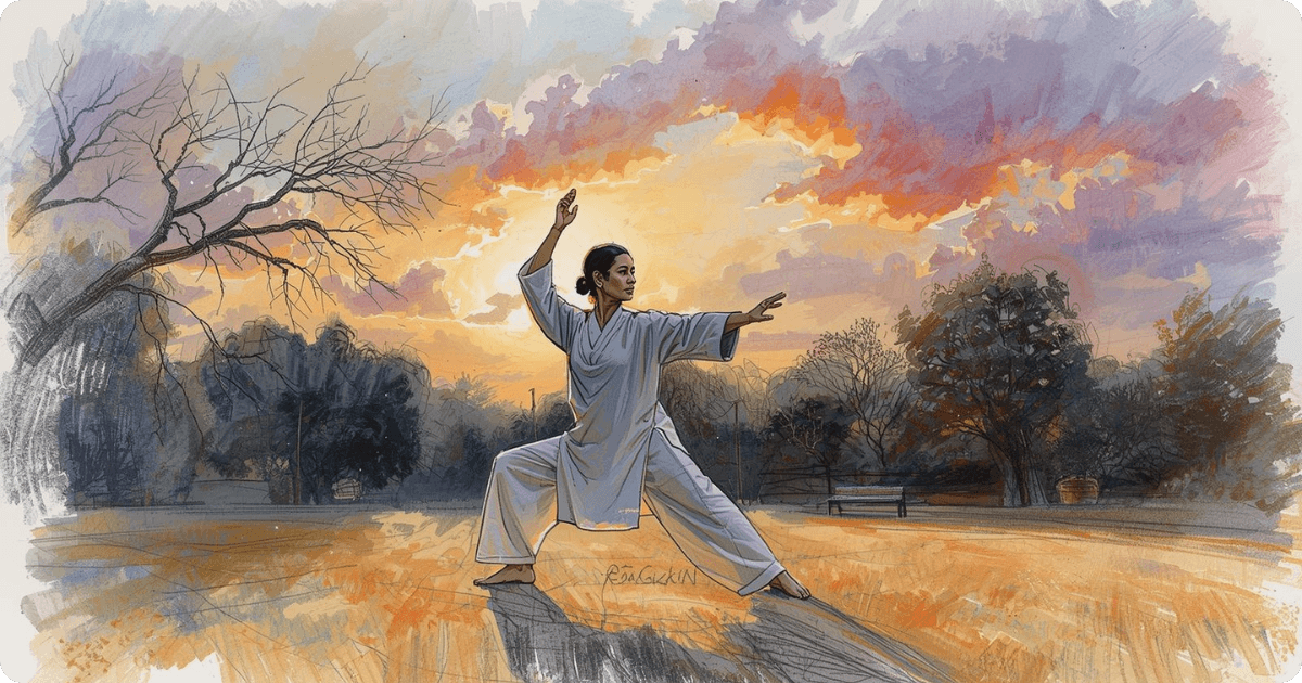 a woman practices qigong