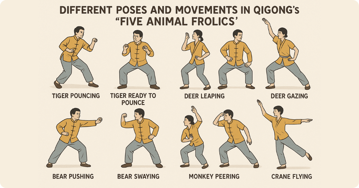 Five animal frolics poses and movements