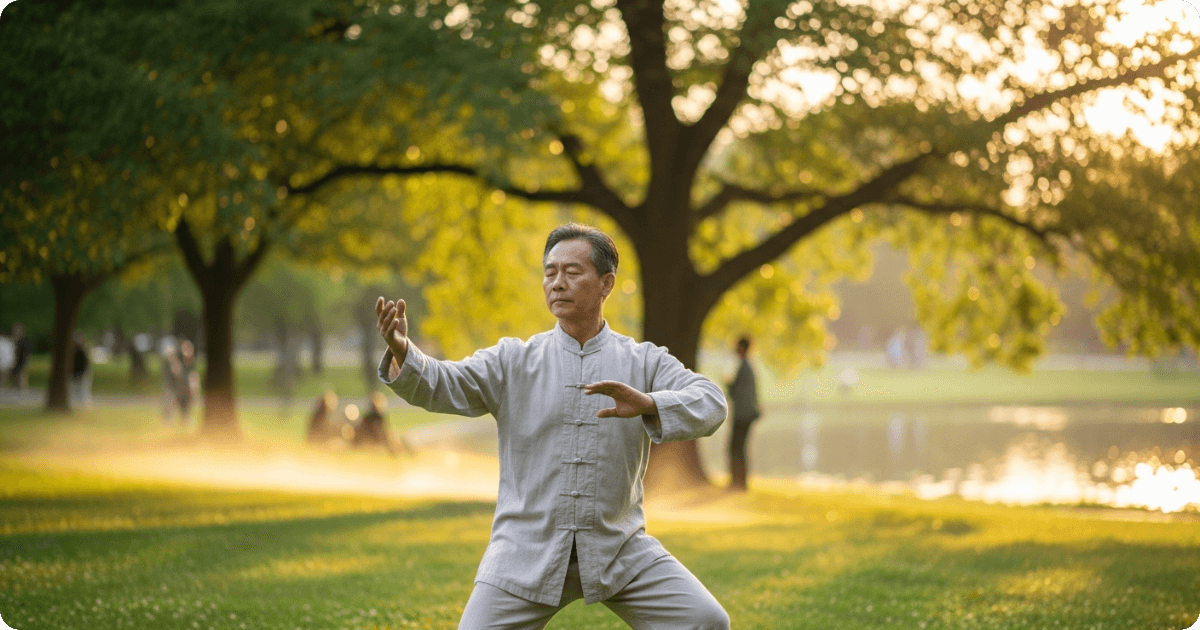 practicing qigong in a park