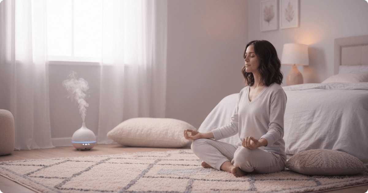 a woman practices mindfulness before bed to gain the benefits of meditation for sleep