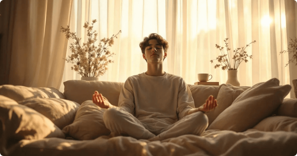 a young man meditating on a couch. meditation has been proven to help us wake up feeling more energized, alert and to start our day with a positive and peaceful mindset