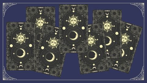 Seven Card Horseshoe Tarot Spread layout with cards arranged in a horseshoe shape