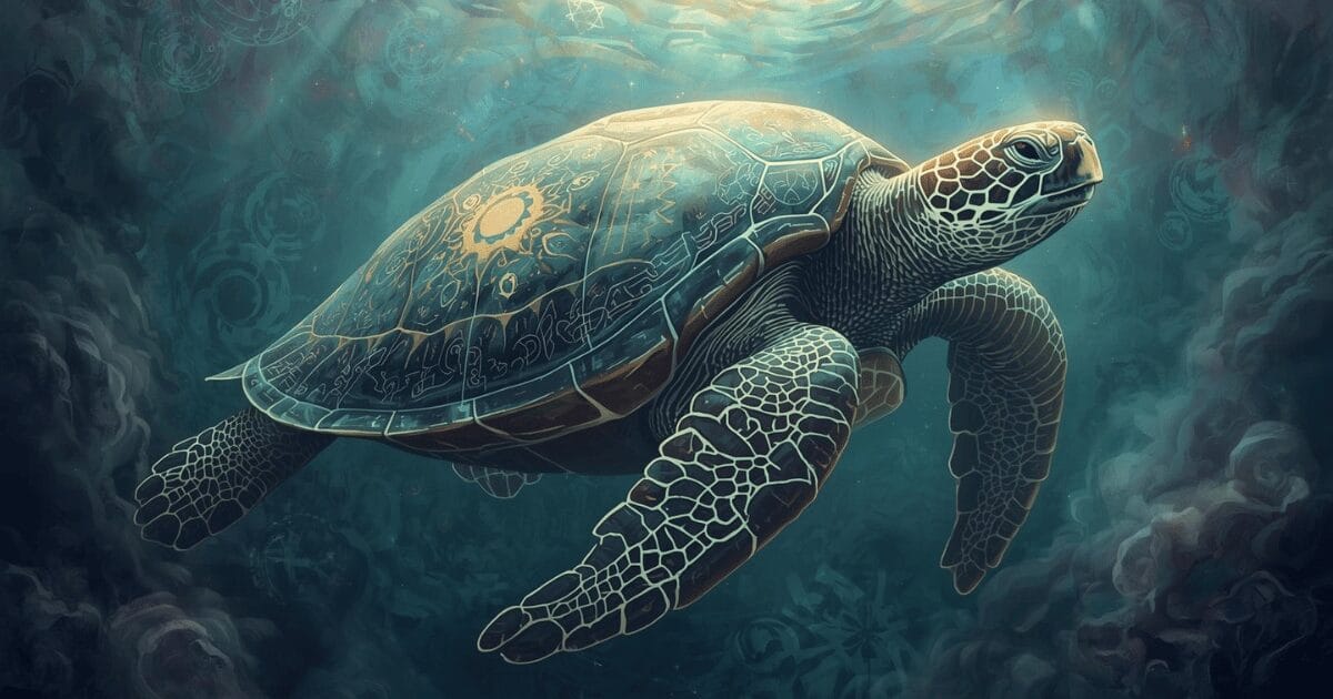The sea turtle as a spirit animal symbolizes wisdom, patience, longevity, and a deep connection to nature and water.