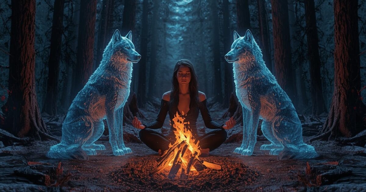 embrace your guide - a woman sits in meditation as two large animal spirit guides protect her