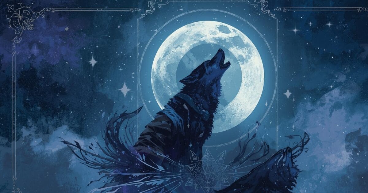 A howling wolf sits in front of a large full moon.