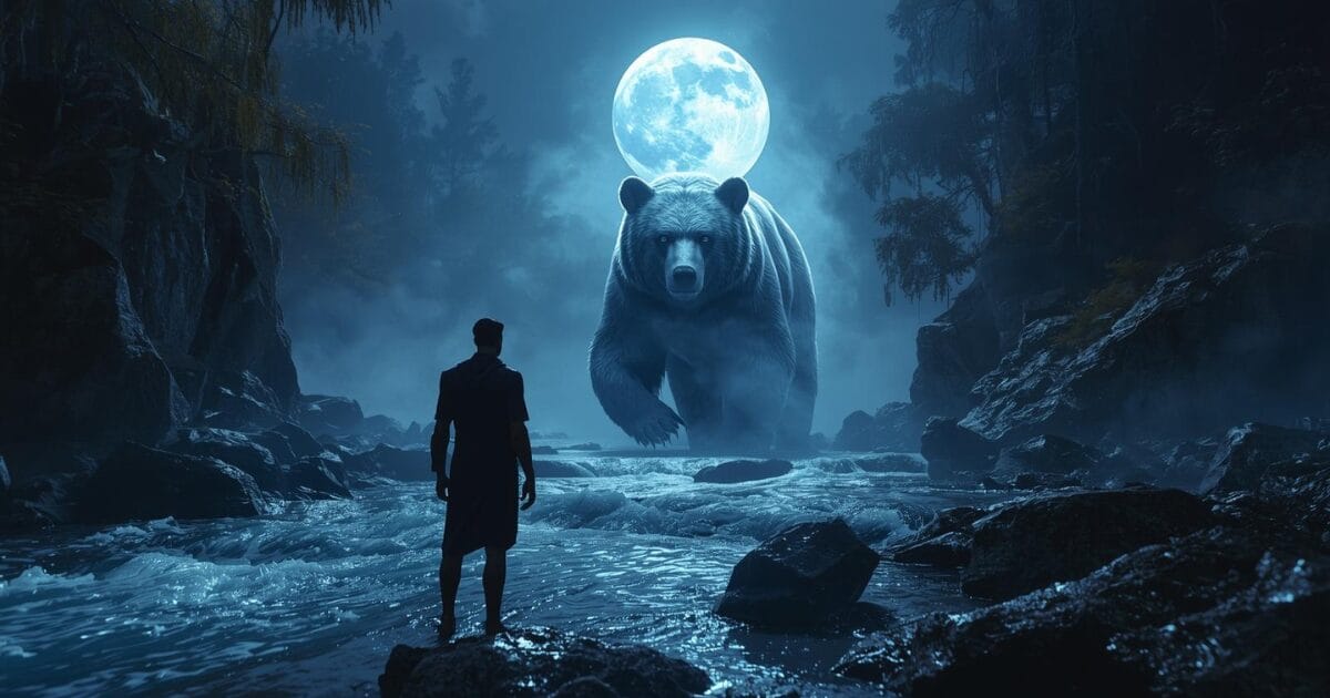 The bear spirit animal appears from the rivers mist