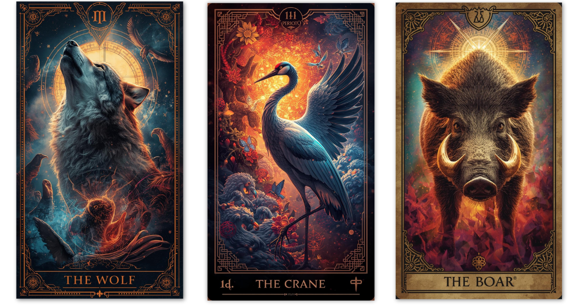 The spiritual animals the Wolf, the Crane and the Boar.