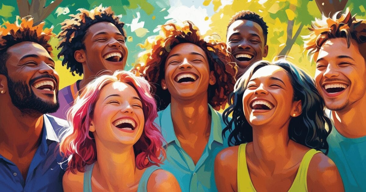 A group of people laughing and having fun together. Orange gemstones promote friendship and joy