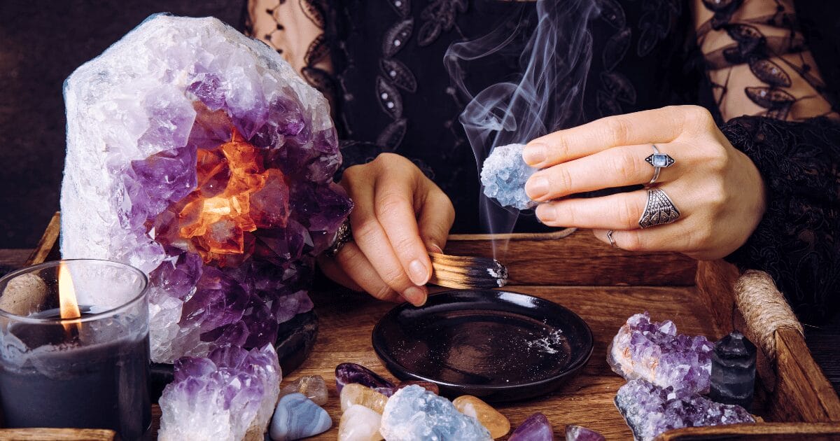 Smudging is the burning of specific herbs or woods, such as sage and using the smoke produced to cleanse the crystals.