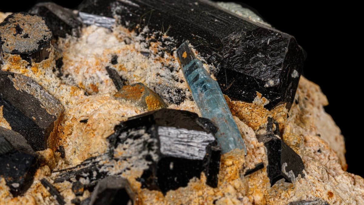 raw black tourmaline and aquamarine