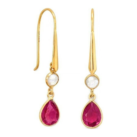 Rainbow Moonstone Earrings with Pink Glass Drop 14k Gold-plated Silver
