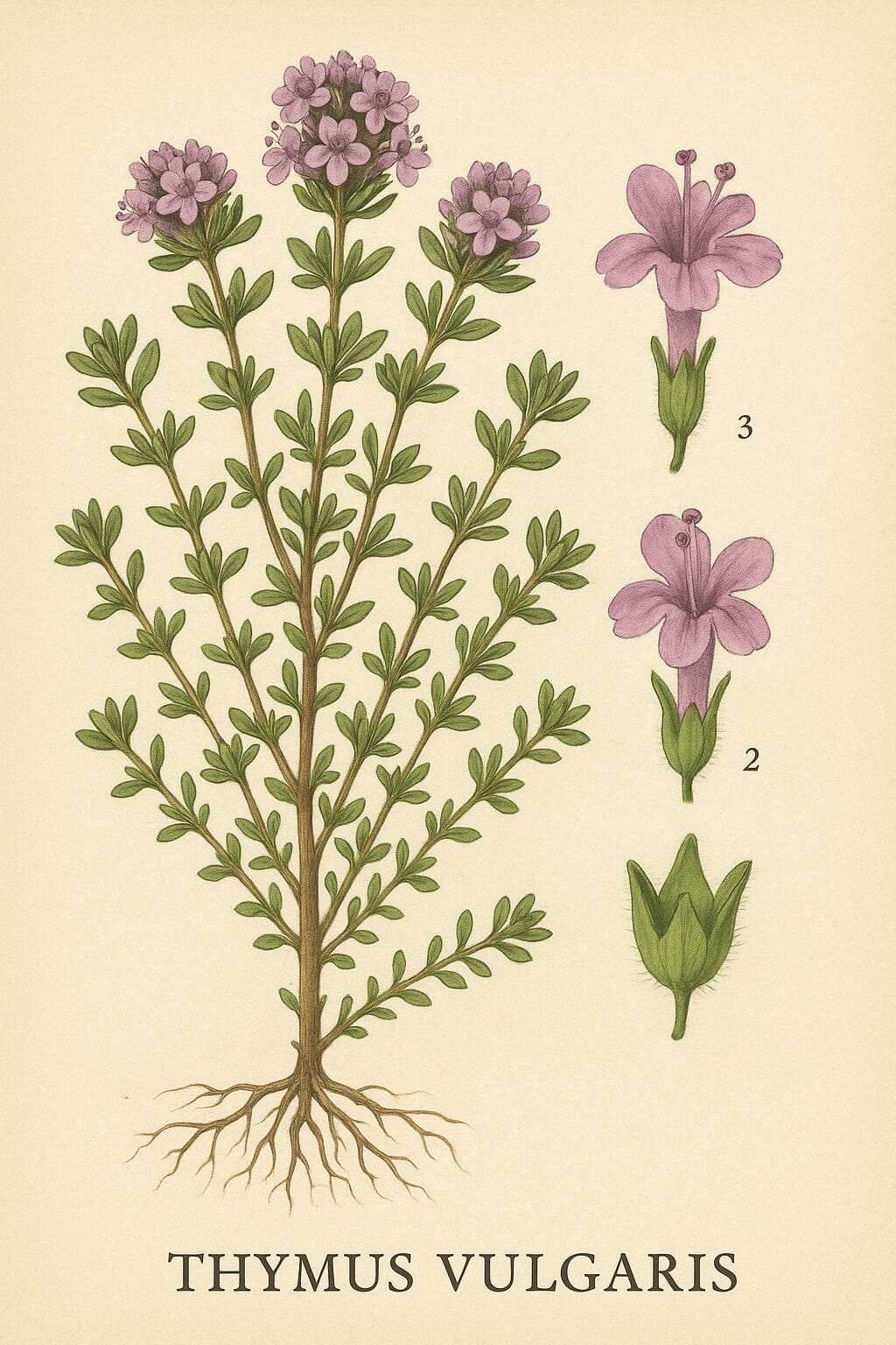 Thyme plant botanical plate - the thyme plant is used in natural sore throat remedies