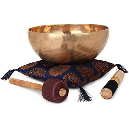 Ajuny Himalayan Sound Healing Singing Bowl Meditation Hand Hammared Plain Golden Bengali Bowls With Cushion Striker And Drum Stick Size Dia 28 Cm