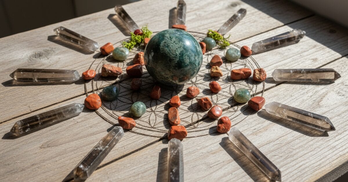 a smoky quartz, red jasper and moss agate crystal grid