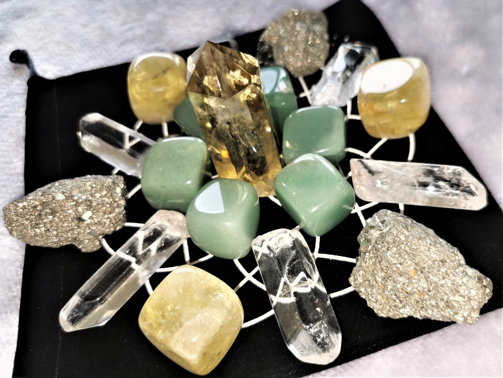 Abundance Crystal Grid Set Citrine Pyrite Aventurine SacredGeometry FlowerOfLife