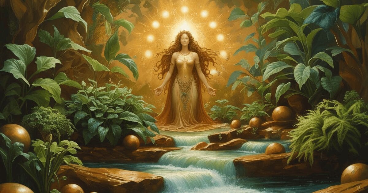 The maiden rests in meditation beside an abundant garden and flowing river symbolizing balance and nurture