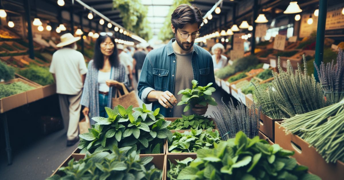 a man looking at bunches of lemon balm at a farmers market