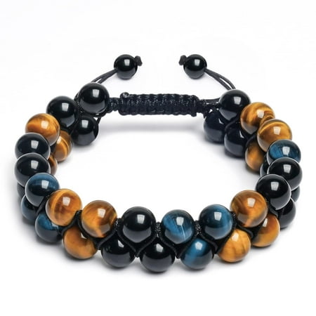 Vicsoon Bracelets for Men Women Triple Protection Bracelet with 8mm Blue Yellow Tigers Eye Black Obsidian Adjustable Healing Stone Handmade Bracelet Beads Crystal Jewelry Bring Luck and Happiness