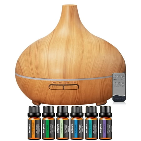 550ml Ultrasonic Aromatherapy Diffuser with 6 Oils Cool Mist 4 Timers 7-Color Light Auto-Off Yellow Wood Grain for Large Rooms & Office