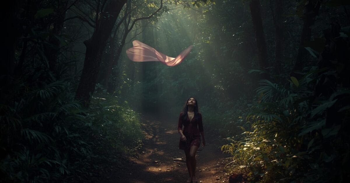 a pink scarf blows past a woman walking in the woods. In a dream this may indicate you are searching for something and it feels like just within your reach