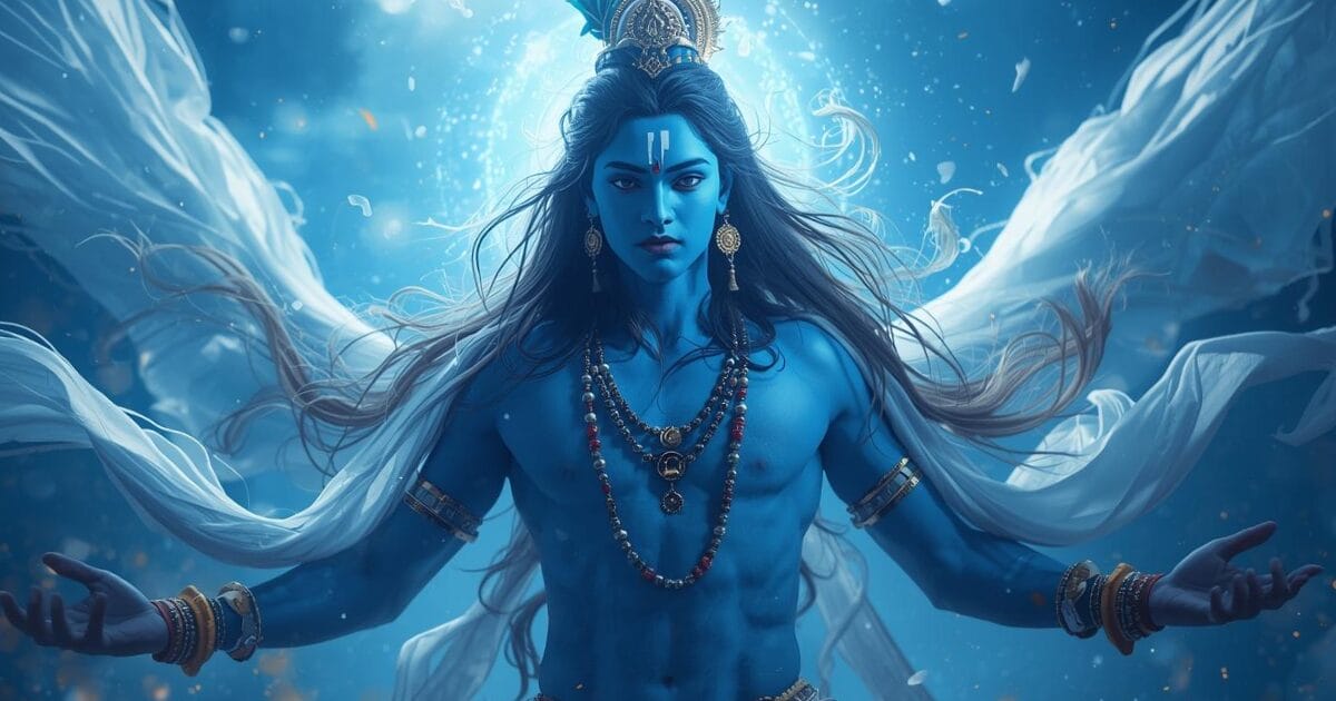 Krishna is often depicted with blue skin, which is symbolic of the infinite and the immeasurable, representing the boundless expansion of the universe. It also symbolizes the divine, as blue is associated with the heavens and the cosmos.