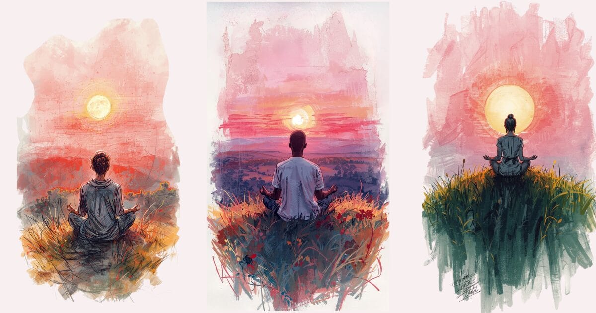 a sketch of 3 people sitting on a hill top meditating in the pink light of dawn