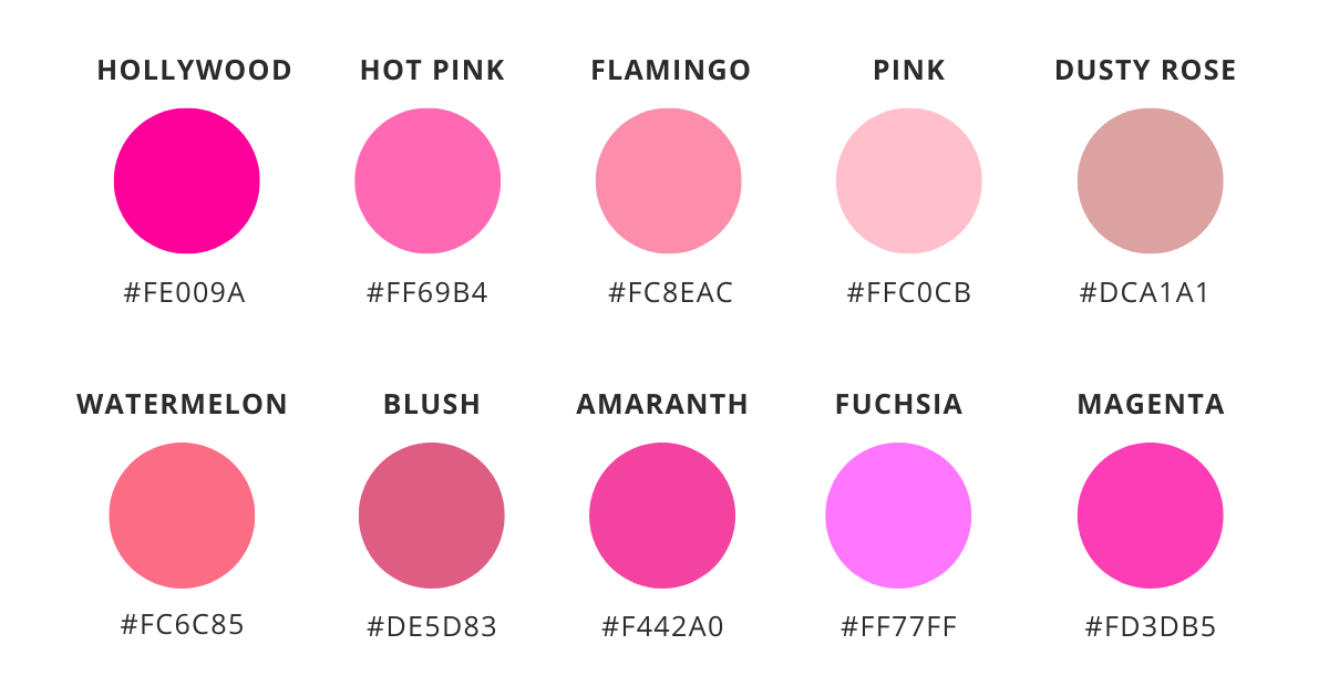 10 different shades color pink 