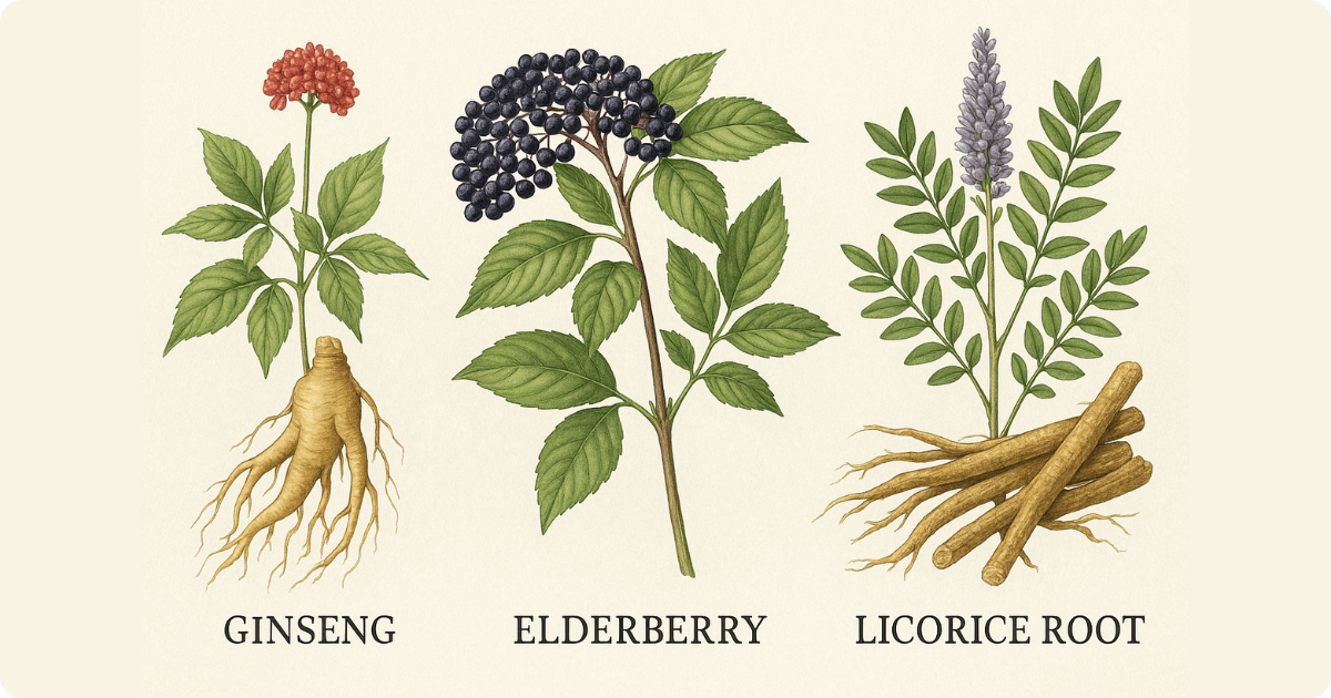 ginseng, elderberry, and licorice root are all natural remedies for flu