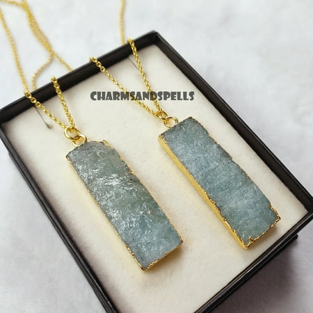 Raw Aquamarine Bar Necklace March Birthstone Raw Healing Crystal Jewelry Aquamarine Crystal for Throat Chakra Women Necklace Gifts
