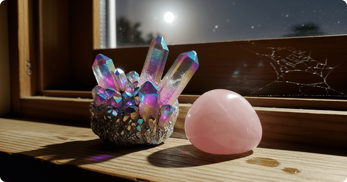 Charging rose quartz and Angel Aura Quartz in moonlight