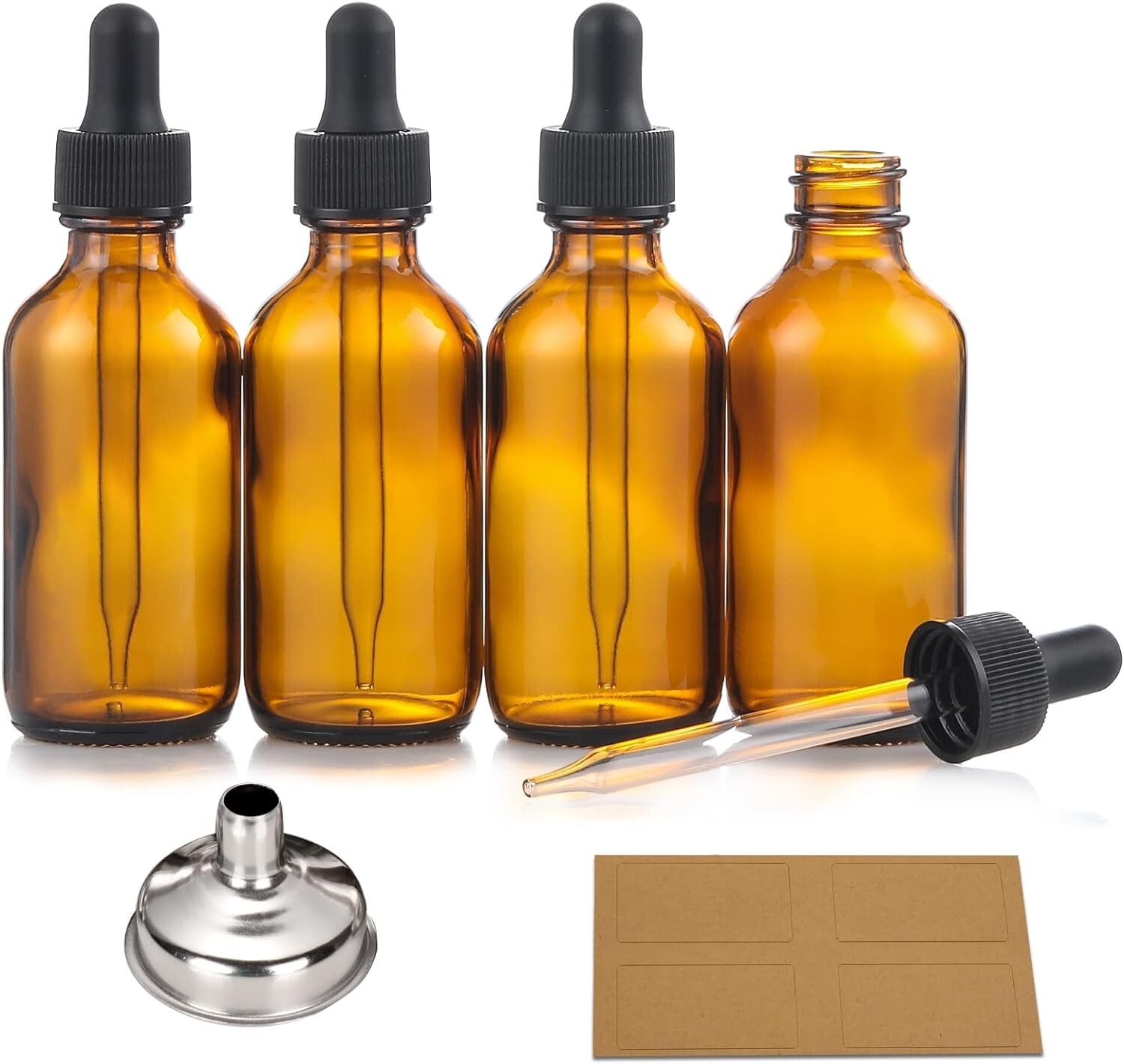 12/30-Pack 2 Oz Amber Glass Eye Dropper Bottles 3 or 6 Funnel for Essential Oils