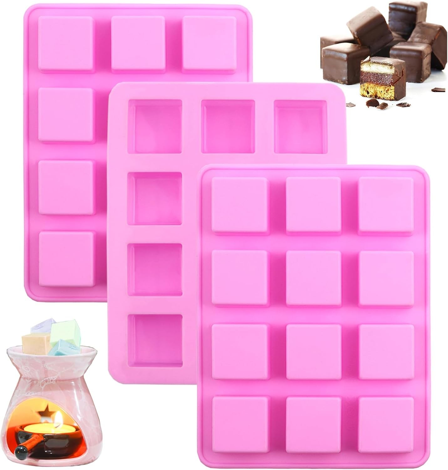 Wax Melts Molds Silicone，3 Pcs 12-Cavities Square Silicone Molds for Scented Soy