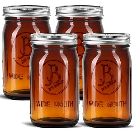 Jar Boss 32 Ounce Wide Mouth Mason Jars Airtight Seal Glass 4 Count