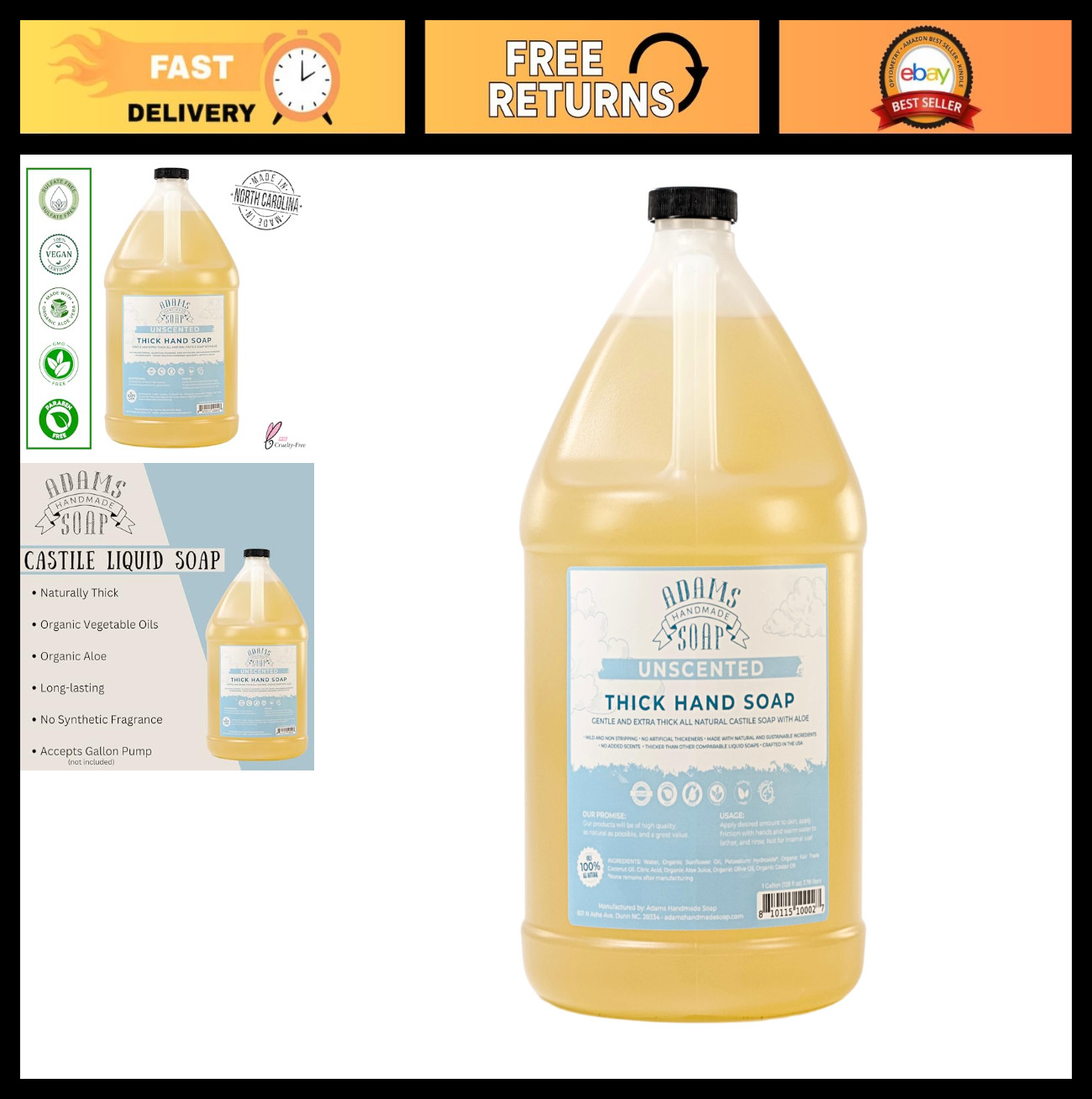 Organic Castile Liquid Hand Soap Refill 1 Gallon - Unscented Thick Handmade Soap