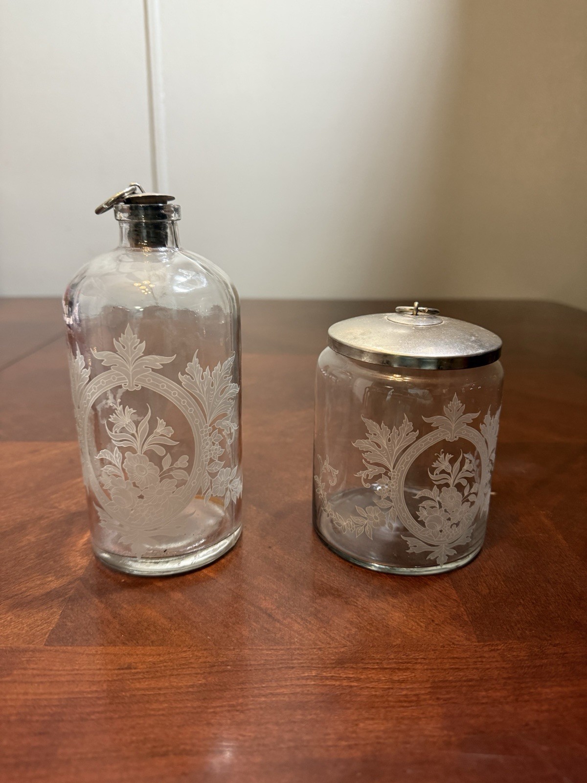 Vintage set of 2 Apothecary Jars Etched Shafford Portugal Medicine Tincture