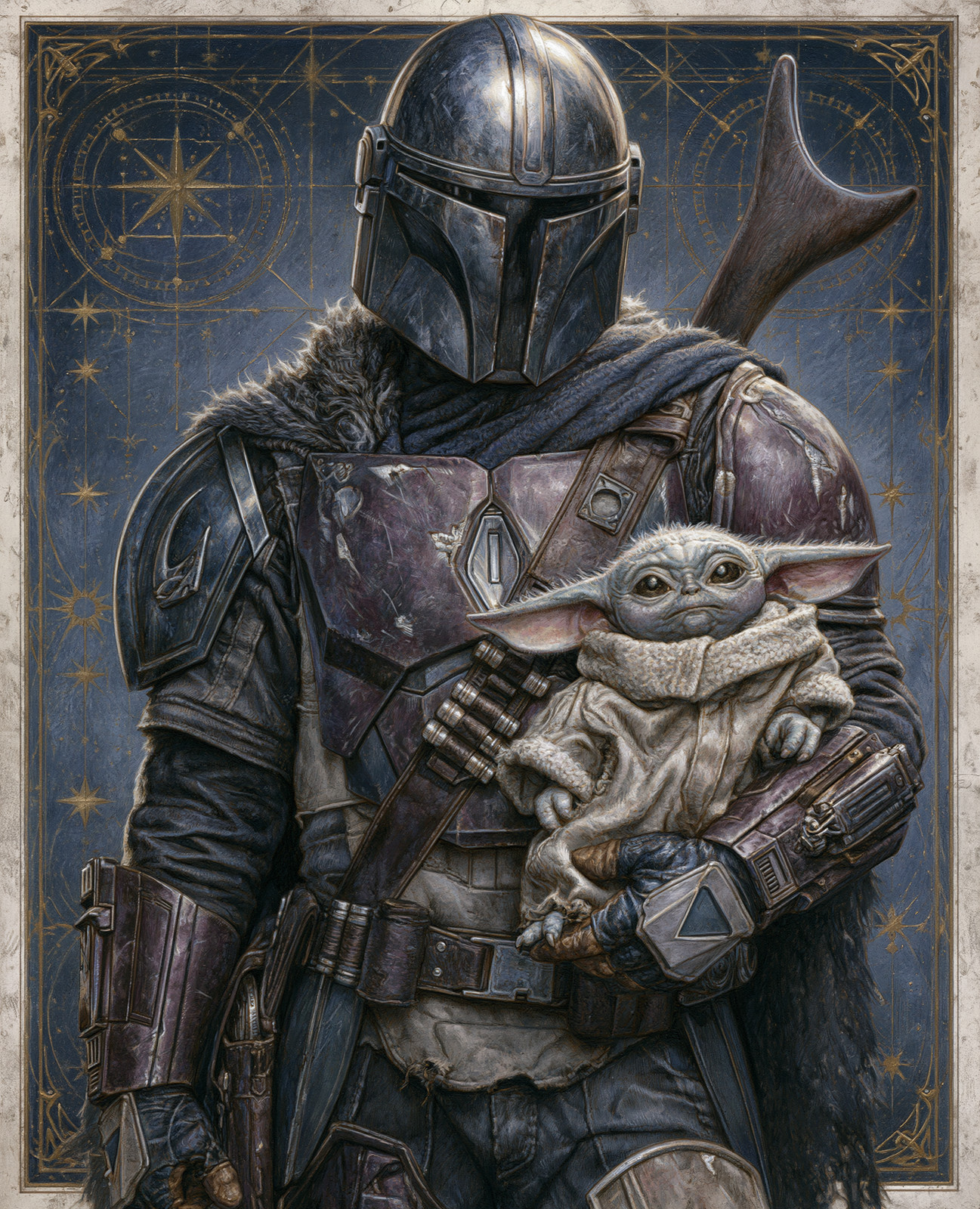 The Mandalorian Holding Grogu Before Golden Star-Chart Halo Print - 341905735