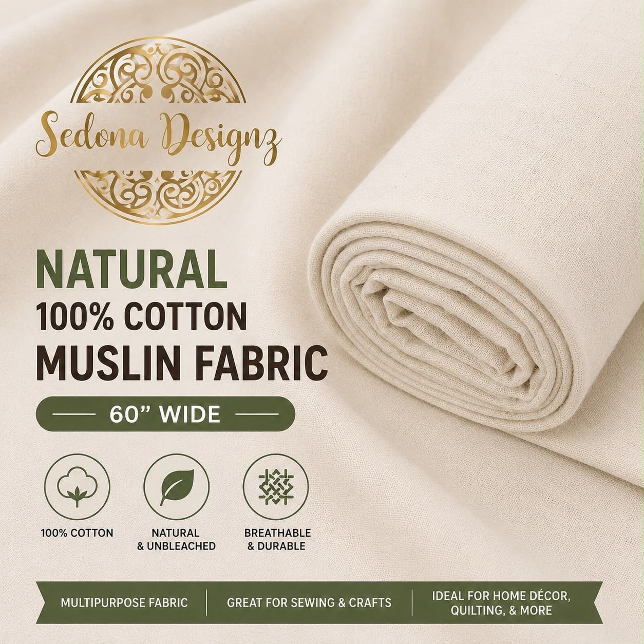 5 Yards Natural 100% Cotton Muslin Fabric/Textile Unbleached Draping Fabric