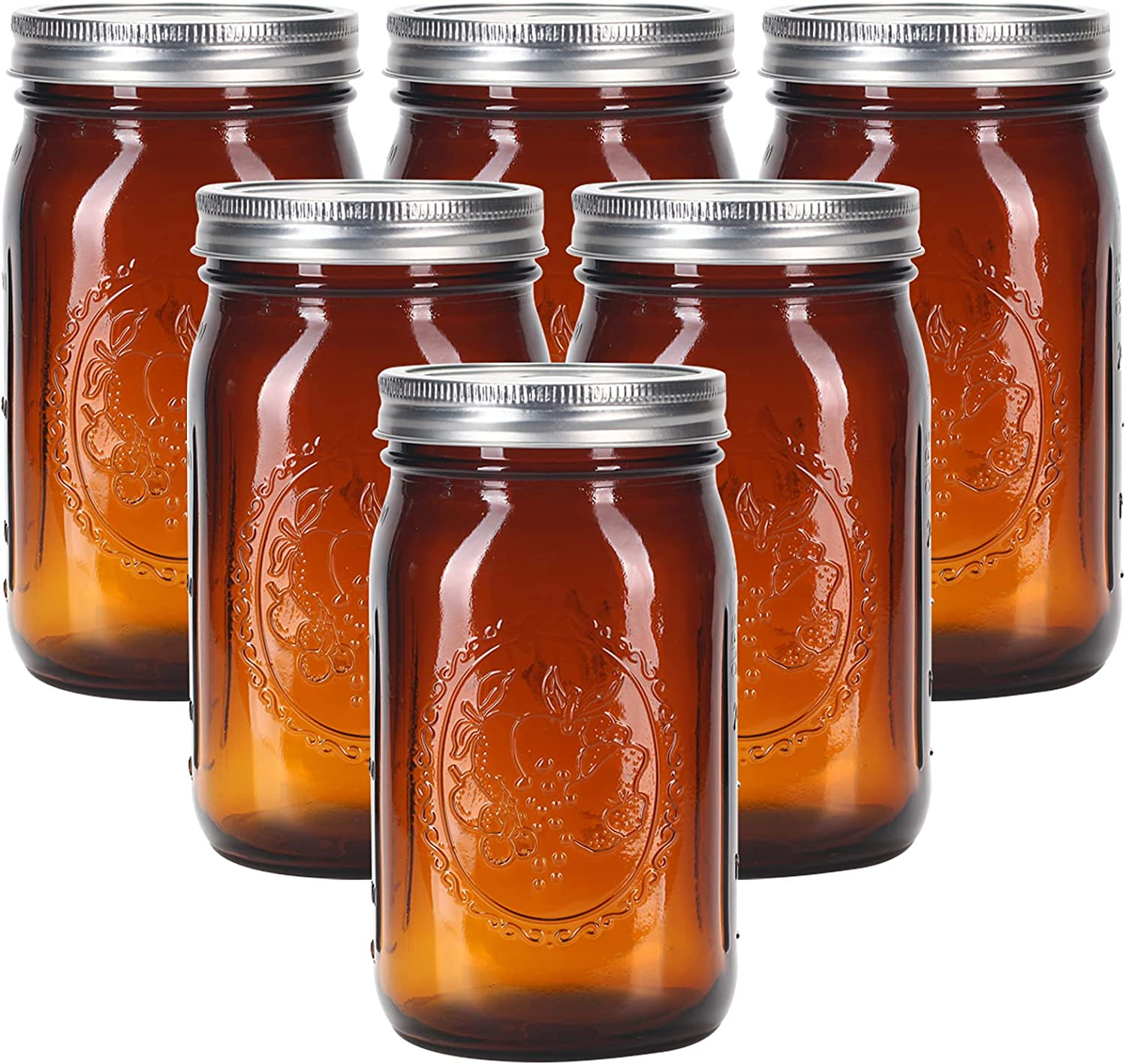 Amber Glass Mason Jars 32 Oz Wide Mouth with Airtight Lids and Bands 6 Pack