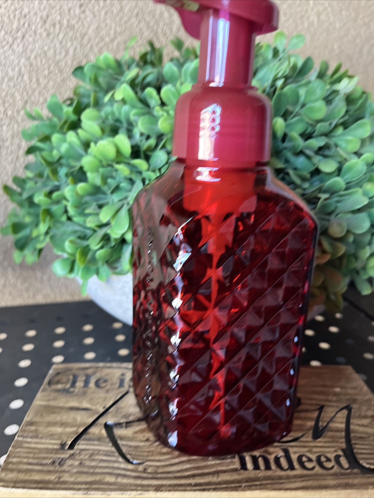 Bath & Body Works Faceted Red Glass Gentle Foaming Soap Dispenser Holder 10oz