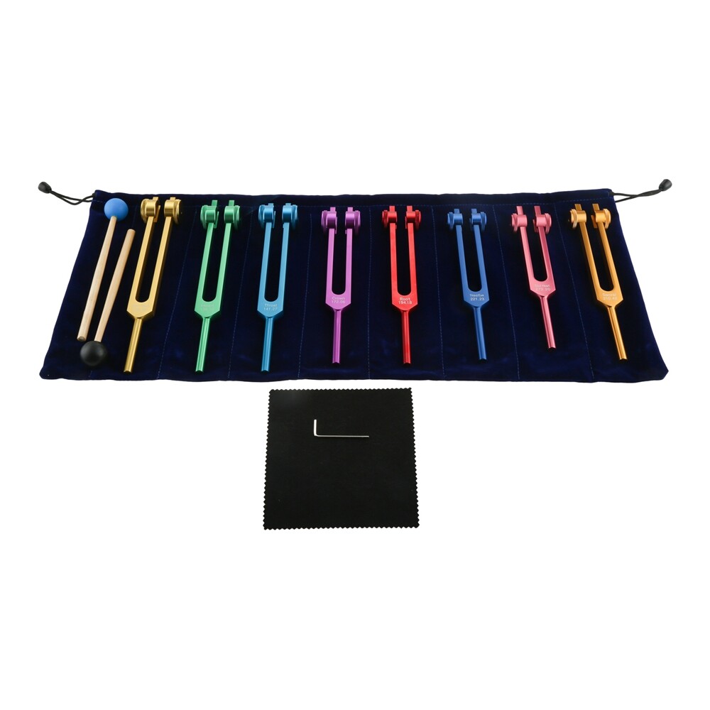 Chakra Tuning Fork Set For Healing 8 Colorful Weighted Tuning Forks with Hammers