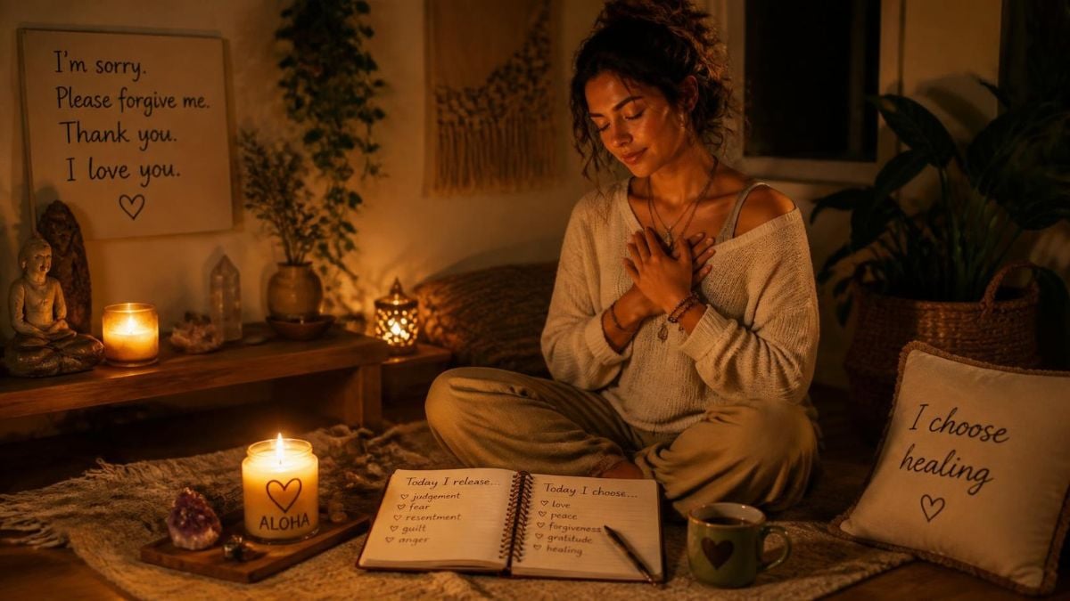 Woman meditating with hands over her heart beside candles and an open journal about releasing and choosing healing