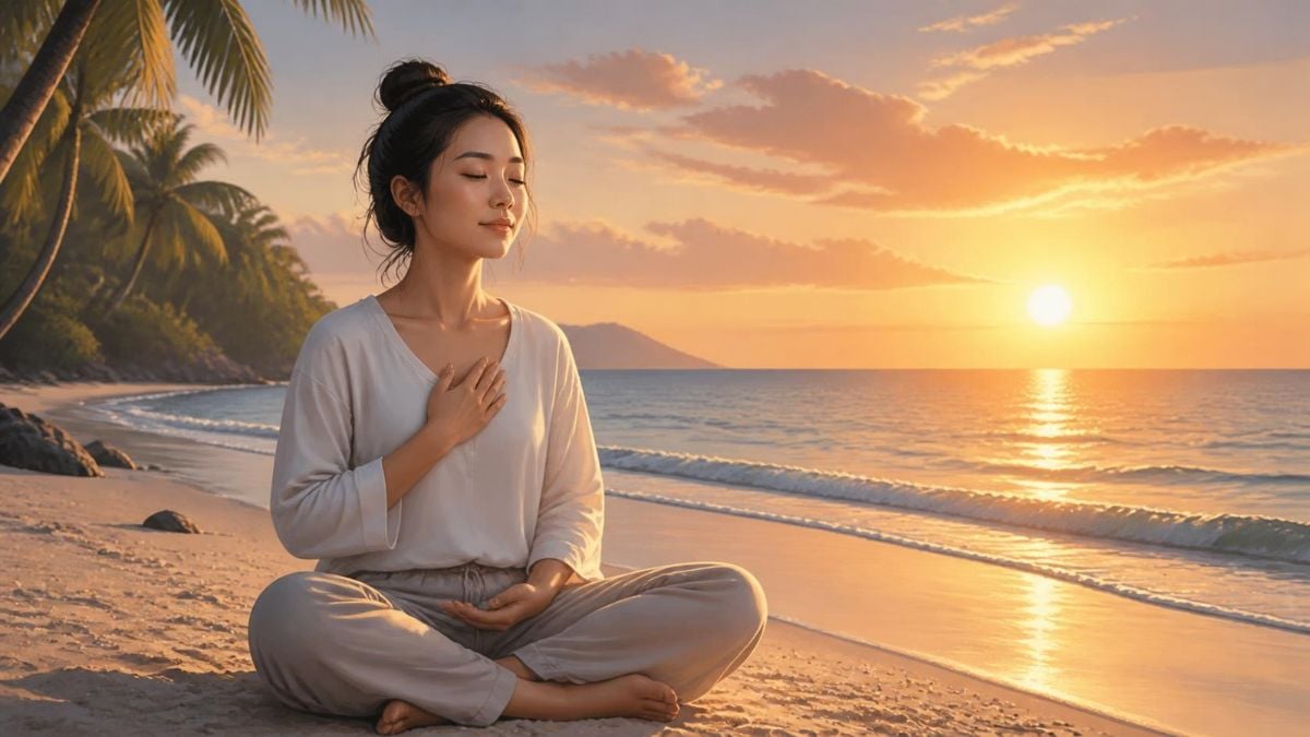 Woman meditating on a tropical beach at sunset