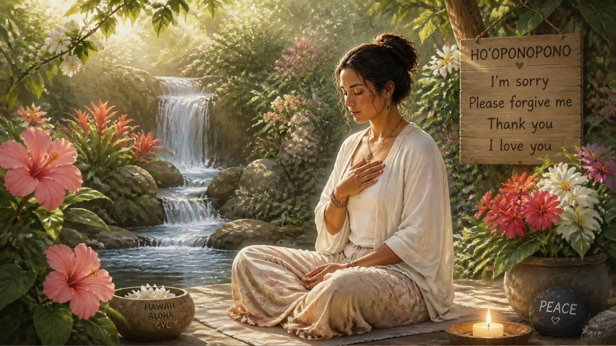 Woman meditating beside a waterfall and flowers; sign reads “Ho'oponopono: I'm sorry, Please forgive me, Thank you, I love you.”