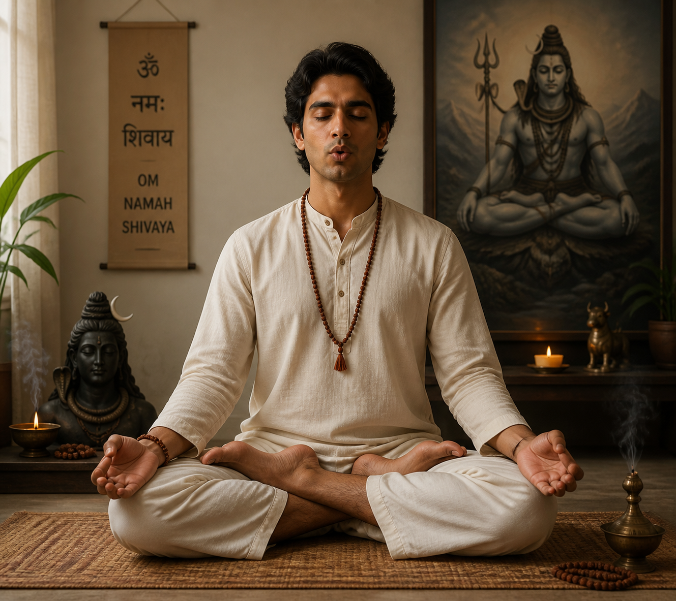 A man in white clothing meditates cross-legged in a Hindu shrine, with Shiva