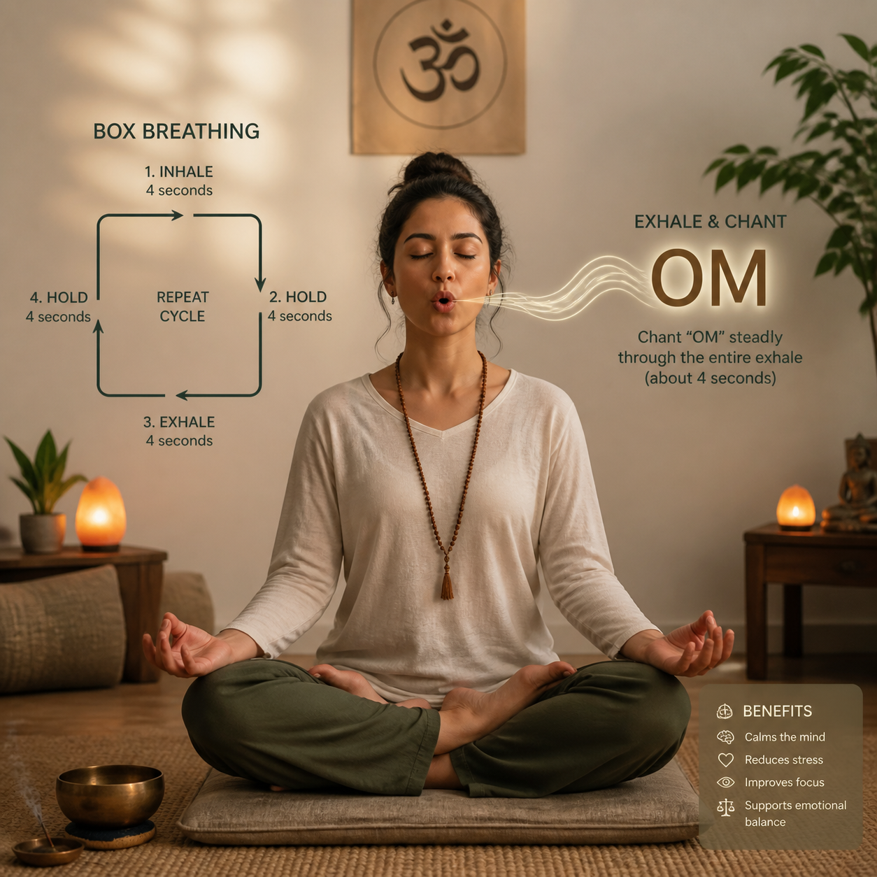 Box breathing guide: inhale, hold, exhale, and hold for 4 seconds each; chant - 5 ancient morning mantras