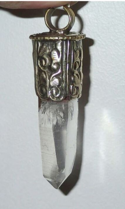 Large Crystal Quartz Point in Tibetan Silverwork Pendant